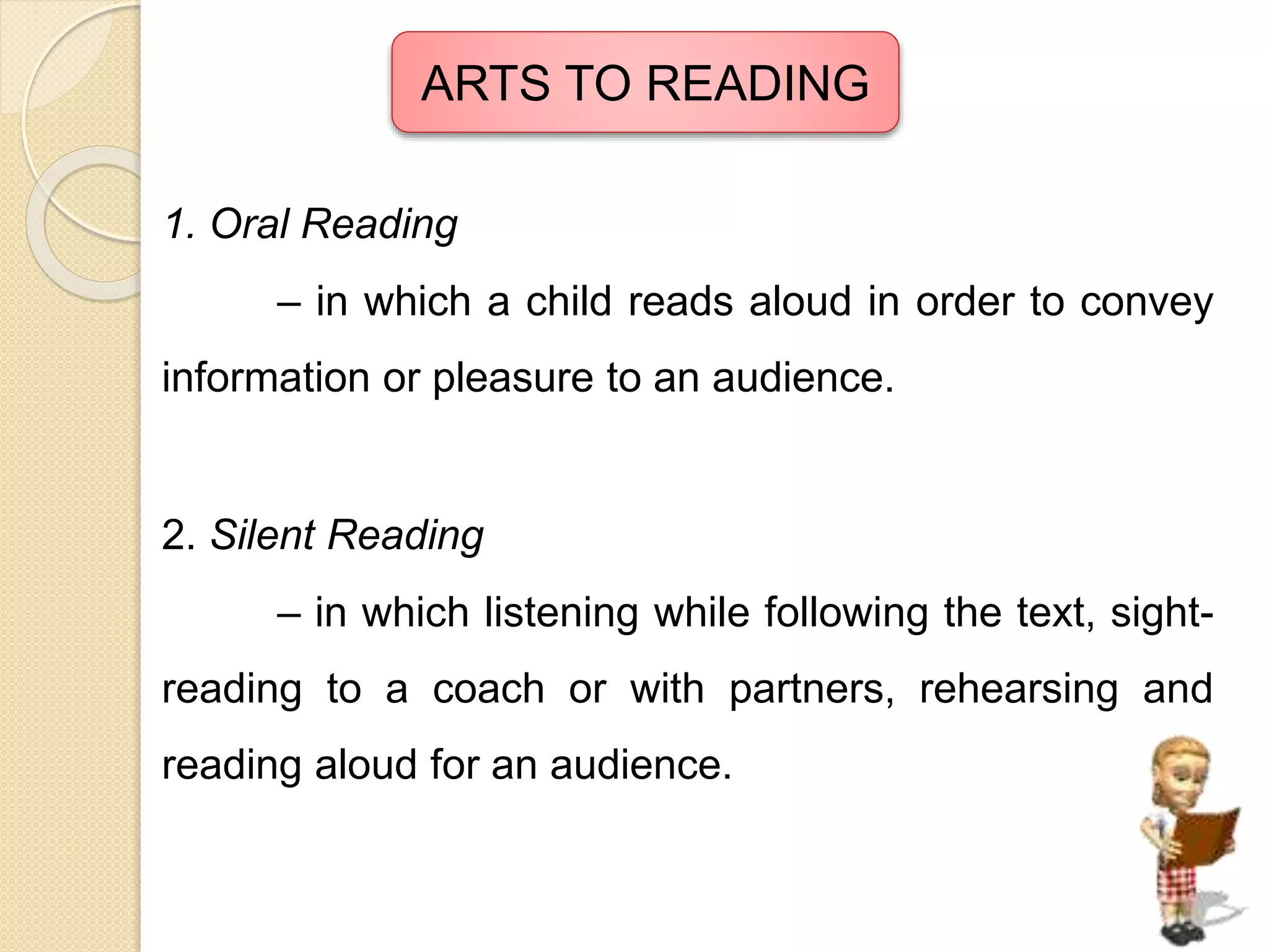 ARTS TO READING 
1. Oral Reading 
– in which a child reads aloud in order to convey 
information or pleasure to an audience. 
2. Silent Reading 
– in which listening while following the text, sight-reading 
to a coach or with partners, rehearsing and 
reading aloud for an audience. 
 