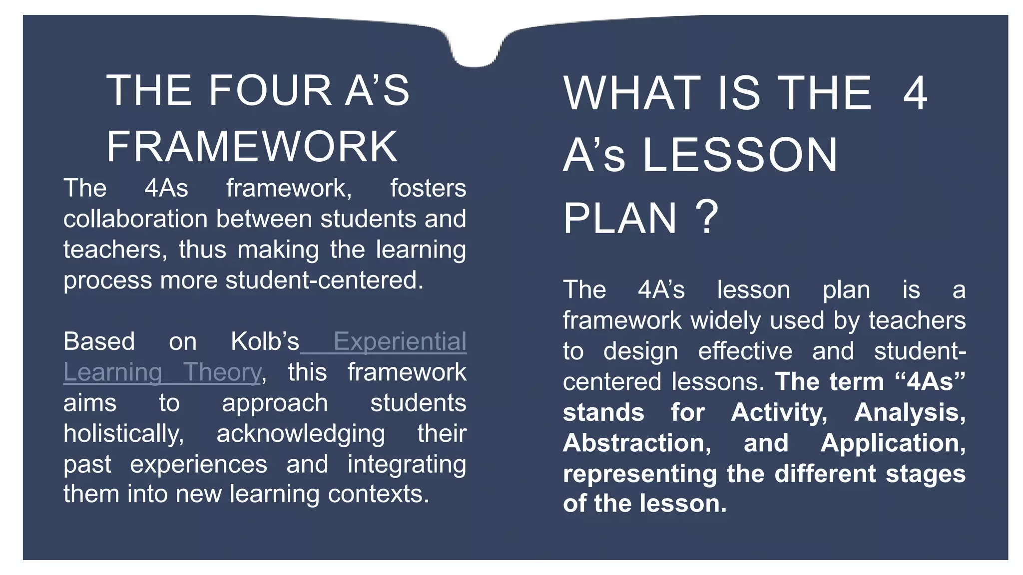 The 4As framework, fosters
collaboration between students and
teachers, thus making the learning
process more student-centered.
Based on Kolb’s Experiential
Learning Theory, this framework
aims to approach students
holistically, acknowledging their
past experiences and integrating
them into new learning contexts.
THE FOUR A’S
FRAMEWORK
WHAT IS THE 4
A’s LESSON
PLAN ?
The 4A’s lesson plan is a
framework widely used by teachers
to design effective and student-
centered lessons. The term “4As”
stands for Activity, Analysis,
Abstraction, and Application,
representing the different stages
of the lesson.
 