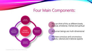 Four Main Components:
Holistic
Marketing
Internal
Marketing
Relationship
Marketing
Integrated
Marketing
Socially
Responsible
Marketing
You can think of this as different levels,
physical, emotional, mental and spiritual
All human beings are multi-dimensional
We have conscious and unconscious
aspects, rational and irrational aspects
Compiled by author from source: thedma.org
 