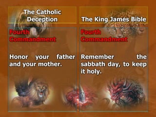The Catholic
Deception
Fourth
Commandment
Honor your father
and your mother.
The King James Bible
Fourth
Commandment
Remember the
sabbath day, to keep
it holy.
 