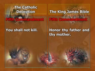 The Catholic
Deception
Fifth Commandment
You shall not kill.
The King James Bible
Fifth Commandment
Honor thy father and
thy mother.
 