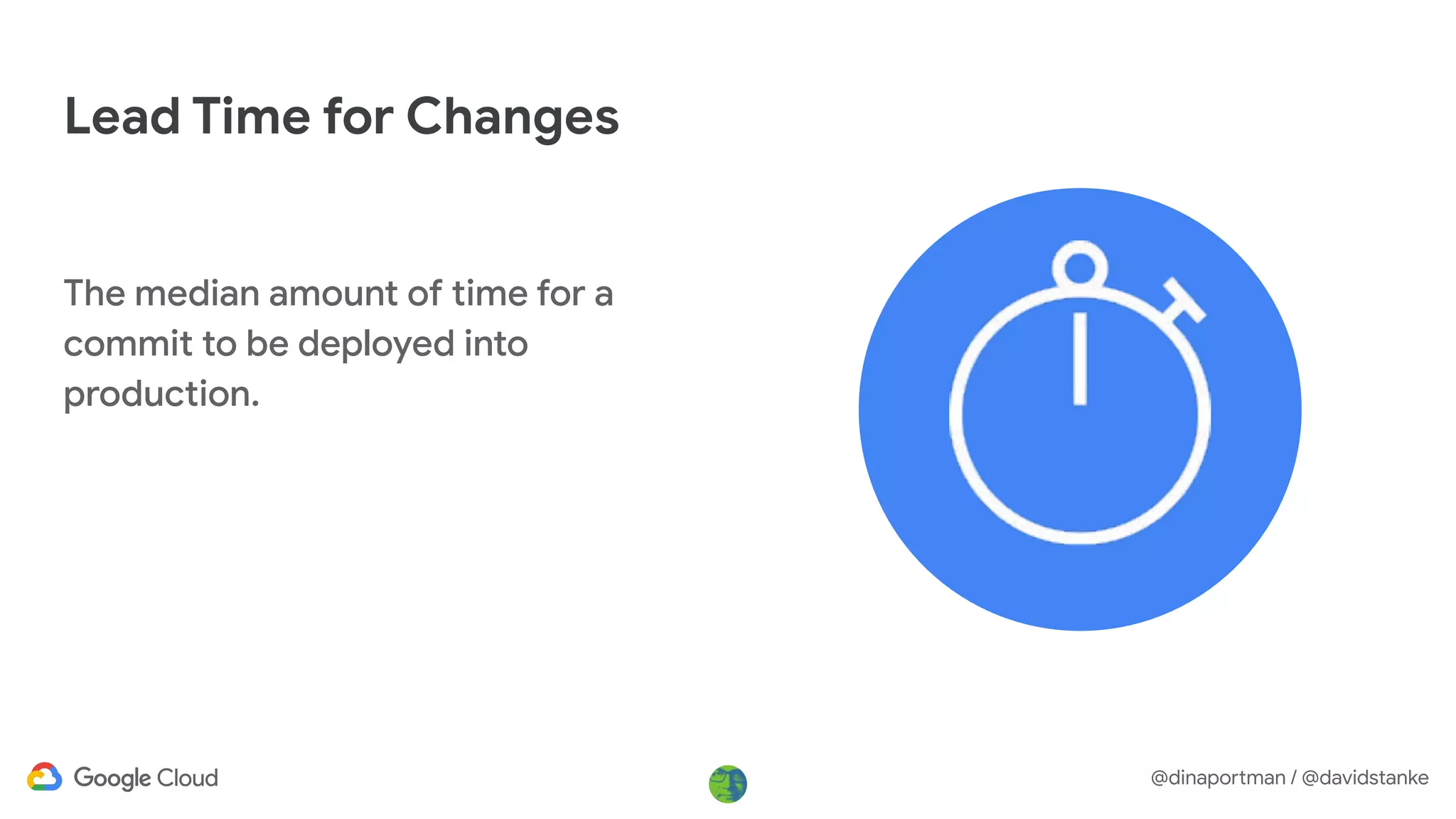 @dinaportman / @davidstanke
Lead Time for Changes
The median amount of time for a
commit to be deployed into
production.
 