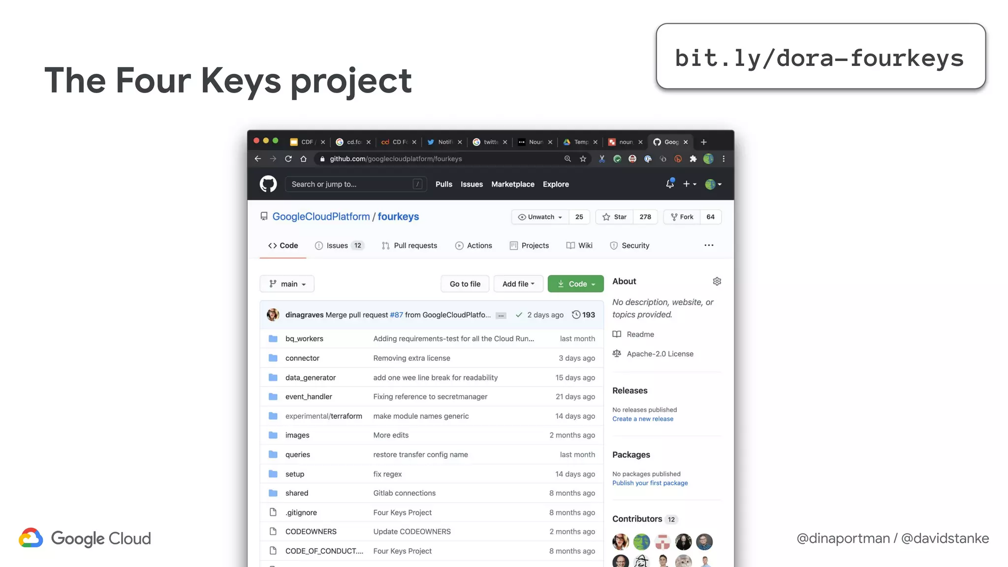 @dinaportman / @davidstanke
The Four Keys project
bit.ly/dora-fourkeys
 