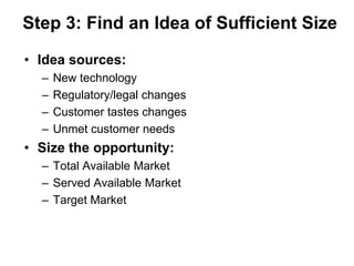Step 3: Find an Idea of Sufficient Size

• Idea sources:
  –   New technology
  –   Regulatory/legal changes
  –   Customer tastes changes
  –   Unmet customer needs
• Size the opportunity:
  – Total Available Market
  – Served Available Market
  – Target Market
 