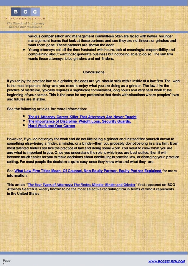 The Four Types of Attorneys The Finder, Minder, Binder and Grinder