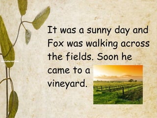 It was a sunny day and Fox was walking across the fields. Soon he came to a  vineyard.   