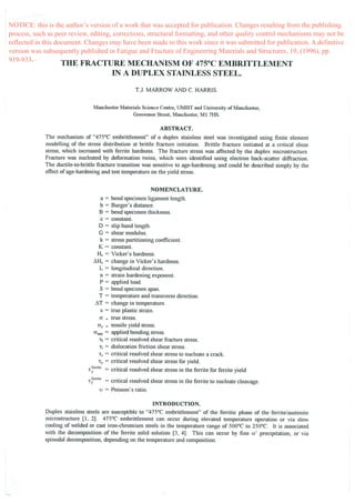NOTICE: this is the author’s version of a work that was accepted for publication. Changes resulting from the publishing
process, such as peer review, editing, corrections, structural formatting, and other quality control mechanisms may not be
reflected in this document. Changes may have been made to this work since it was submitted for publication. A definitive
version was subsequently published in Fatigue and Fracture of Engineering Materials and Structures, 19, (1996), pp.
919-933.935-947
 