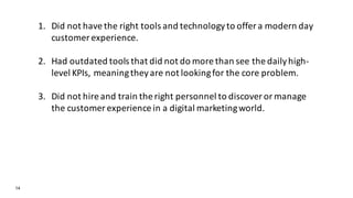 14
1. Did not have the right tools and technology to offer a modern day
customer experience.
2. Had outdated tools that did not do more than see the daily high-
level KPIs, meaning they are not looking for the core problem.
3. Did not hire and train the right personnel to discover or manage
the customer experience in a digital marketing world.
 