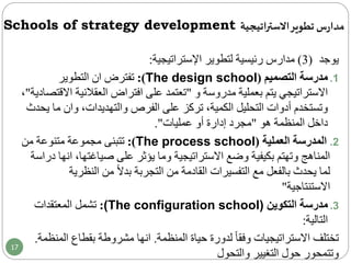 Schools of strategy development ‫اتيجية‬‫ر‬‫االست‬‫تطوير‬ ‫س‬‫ر‬‫مدا‬
‫يوجد‬(3)‫لتطوير‬ ‫رئيسية‬ ‫مدارس‬‫اإلستراتيجية‬:
.1‫التصميم‬ ‫مدرسة‬(The design school:)‫التطوير‬ ‫ان‬ ‫تفترض‬
‫مدروسة‬ ‫بعملية‬ ‫يتم‬ ‫االستراتيجي‬‫و‬"‫العقالنية‬ ‫افتراض‬ ‫على‬ ‫تعتمد‬‫االقتصادية‬"،
‫وتستخدم‬‫التحليل‬ ‫أدوات‬،‫والتهديدات‬ ‫الفرص‬ ‫على‬ ‫تركز‬ ،‫الكمية‬‫وان‬‫م‬‫ا‬‫يحدث‬
‫داخل‬‫المنظمة‬‫هو‬"‫عمليات‬ ‫أو‬ ‫إدارة‬ ‫مجرد‬."
.2‫العملية‬ ‫المدرسة‬(The process school:)‫من‬ ‫متنوعة‬ ‫مجموعة‬ ‫تتبنى‬
‫ا‬ ،‫صياغتها‬ ‫على‬ ‫يؤثر‬ ‫وما‬ ‫االستراتيجية‬ ‫وضع‬ ‫بكيفية‬ ‫وتهتم‬ ‫المناهج‬‫نها‬‫دراسة‬
‫التجربة‬ ‫من‬ ‫القادمة‬ ‫التفسيرات‬ ‫مع‬ ‫بالفعل‬ ‫يحدث‬ ‫لما‬‫النظري‬ ‫من‬ ً‫ال‬‫بد‬‫ة‬
‫االستنتاجية‬"
.3‫التكوين‬ ‫مدرسة‬(The configuration school):‫المعتقدات‬ ‫تشمل‬
‫التالية‬:
‫المنظمة‬ ‫حياة‬ ‫لدورة‬ ً‫ا‬‫وفق‬ ‫االستراتيجيات‬ ‫تختلف‬.‫ا‬ ‫بقطاع‬ ‫مشروطة‬ ‫انها‬‫لمنظمة‬.
‫والتحول‬ ‫التغيير‬ ‫حول‬ ‫وتتمحور‬
17
 