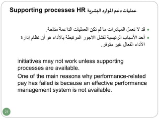 Supporting processes HR ‫البشرية‬ ‫د‬‫ر‬‫املوا‬ ‫دعم‬‫عمليات‬
‫متاحة‬ ‫الداعمة‬ ‫العمليات‬ ‫تكن‬ ‫لم‬ ‫ما‬ ‫المبادرات‬ ‫تعمل‬ ‫ال‬ ‫قد‬.
‫لفشل‬ ‫الرئيسية‬ ‫األسباب‬ ‫أحد‬‫االجور‬‫نظا‬ ‫أن‬ ‫هو‬ ‫باألداء‬ ‫المرتبطة‬‫إدارة‬ ‫م‬
‫متوفر‬ ‫غير‬ ‫الفعال‬ ‫األداء‬.
initiatives may not work unless supporting
processes are available.
One of the main reasons why performance-related
pay has failed is because an effective performance
management system is not available.
27
 