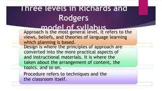 Three levels in Richards and
Rodgers
model of syllabusApproach is the most general level. It refers to the
views, beliefs, and theories of language learning
which planning is based.
Design is where the principles of approach are
converted into the more practical aspects of
and instructional materials. It is where the
taken about the arrangement of content, the
topics, and so on.
Procedure refers to techniques and the
the classroom itself.
 