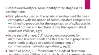 Richards and Rodgers (2001) identify three stages in its
development:
First phase focused on the syllabus development that was
compatible with the notion of communicative competence
which led to proposals for the organization of syllabuses in
terms of notions and functions rather than grammatical
structures (Wilkins, 1976).
In the second phase, CLT focused on procedures for
identifying learners’ needs and this resulted in proposals to
make needs analysis an essential component of
communicative methodology (Munby, 1978).
The third phase, CLT focused on the kinds of classroom
 
