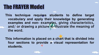 This technique requires students to define target
vocabulary and apply their knowledge by generating
examples and non- examples, giving characteristics,
and/ or drawing a picture to illustrate the meaning of
the word.
This information is placed on a chart that is divided into
four sections to provide a visual representation for
students.
 