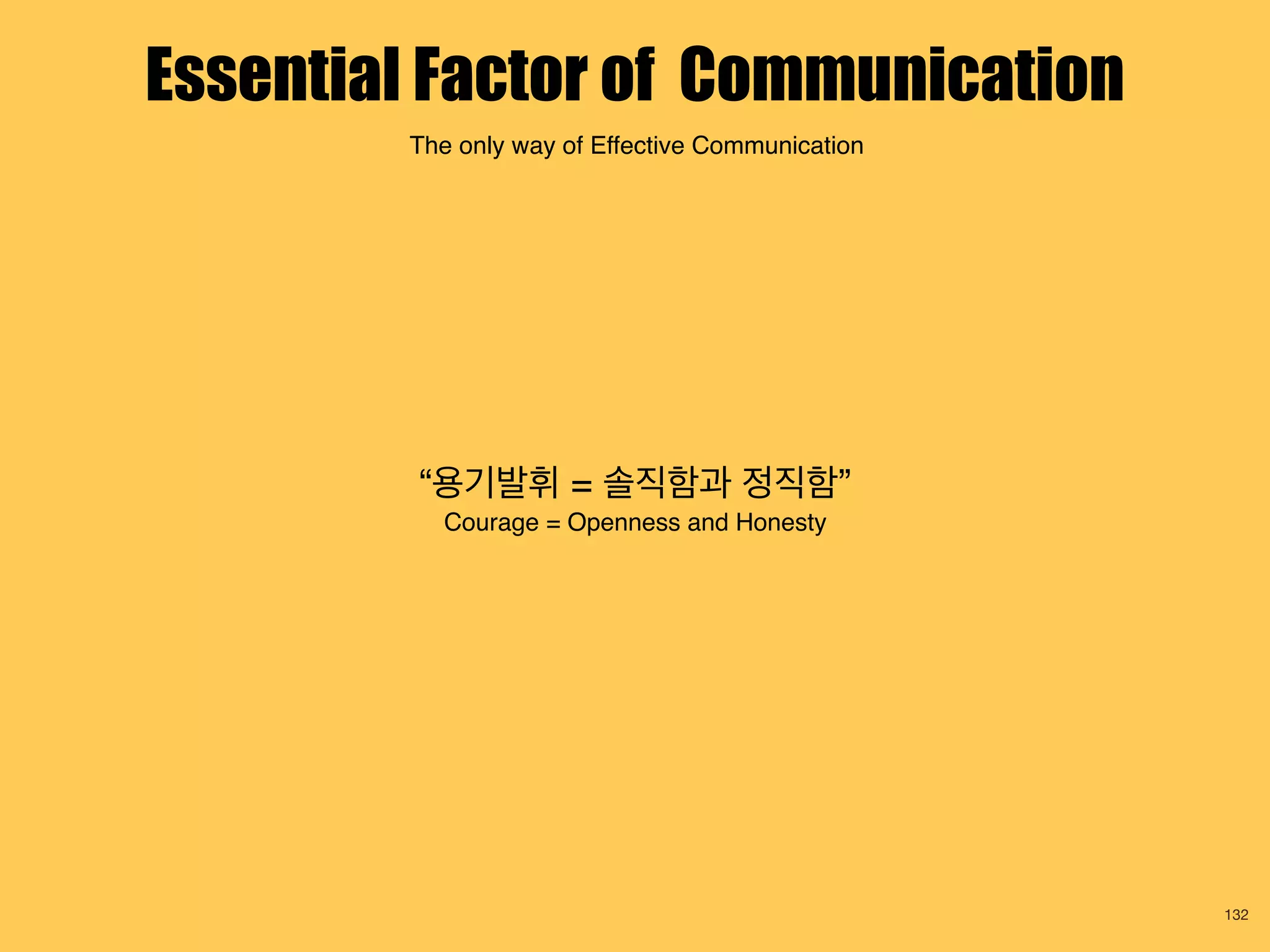 Essential Factor of Communication
132
“용기발휘 = 솔직함과 정직함”
Courage = Openness and Honesty
The only way of Effective Communication
 