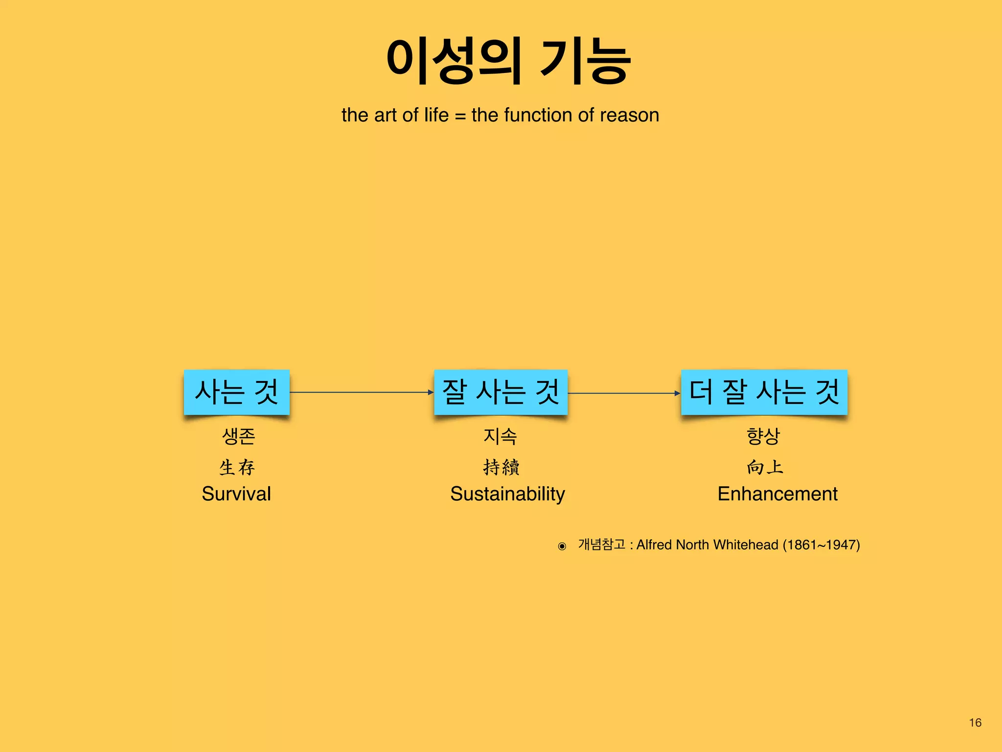 16
생존 지속 향상
Survival Sustainability
持續生存
Enhancement
잘 사는 것사는 것 더 잘 사는 것
the art of life = the function of reason
向上
๏ 개념참고 : Alfred North Whitehead (1861~1947)
이성의 기능
 