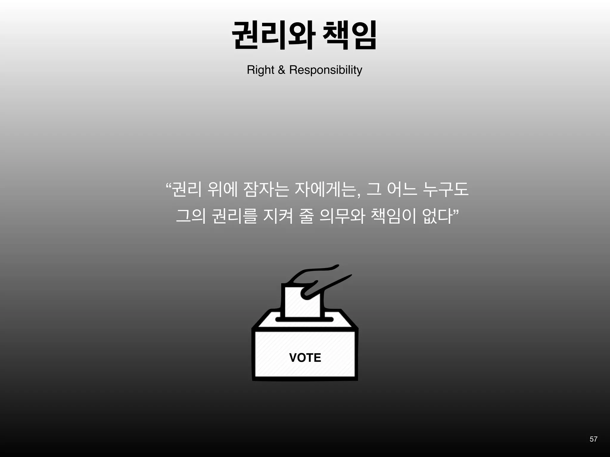 57
“권리 위에 잠자는 자에게는, 그 어느 누구도
그의 권리를 지켜 줄 의무와 책임이 없다”
Right & Responsibility
VOTE
권리와 책임
 