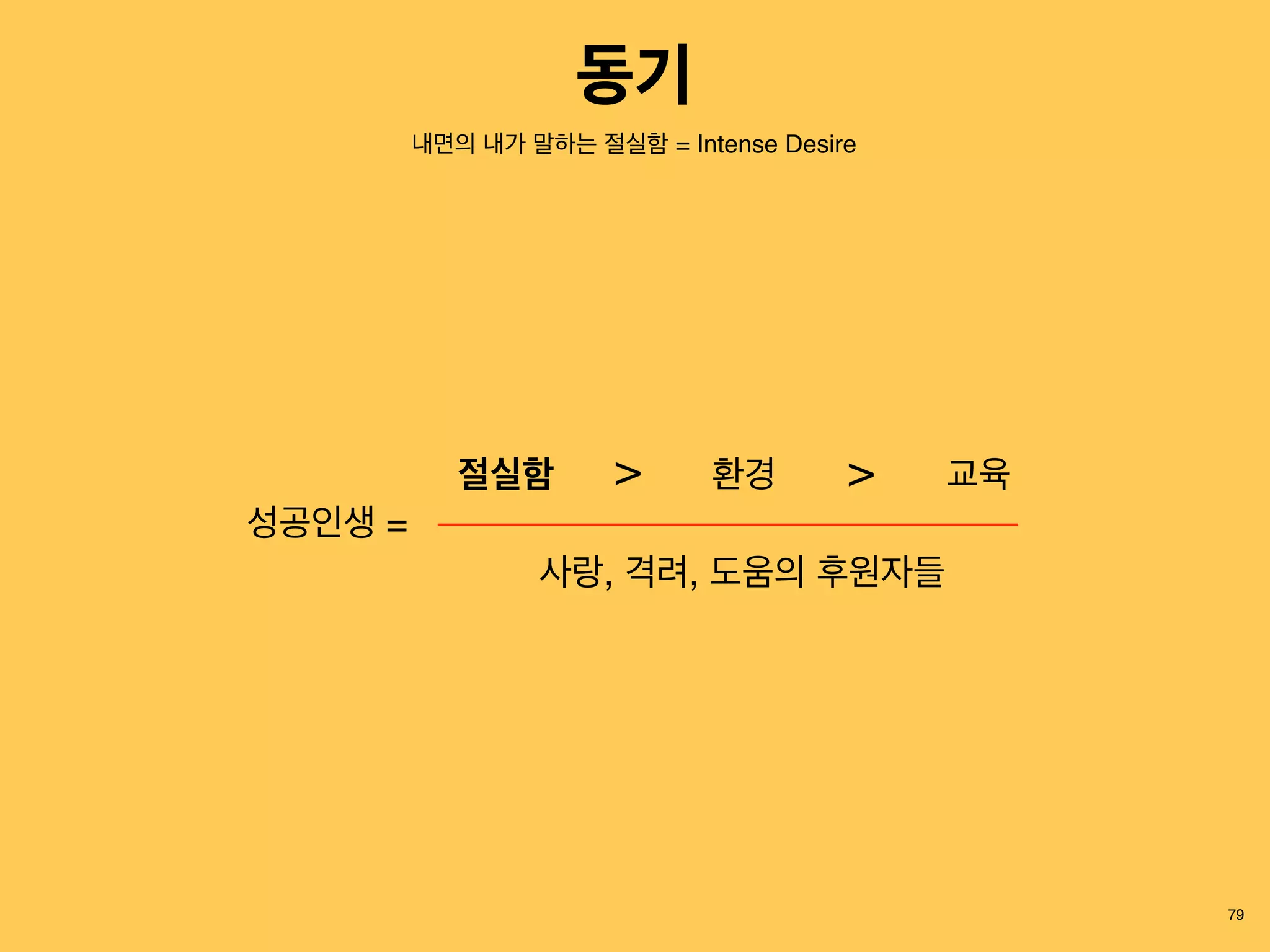 동기
79
내면의 내가 말하는 절실함 = Intense Desire
환경 교육>절실함 >
사랑, 격려, 도움의 후원자들
성공인생 =
 