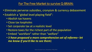 For The Free Market to survive Q-BRAIN:
• Eliminate perverse subsidies, cronyism & currency debasement
• Establish a “global level playing field”:
• Abolish tax havens
• Close tax loopholes
• Set corporate tax at a realistic level
• Restore taxes for the richest part of the population
• Embed “workfare” rather than “welfare”
• (I have proposed a more comprehensive set of reforms– let
me know if you’d like to see them)
State of Europe Forum, Amsterdam, 9 May 2016 23
 