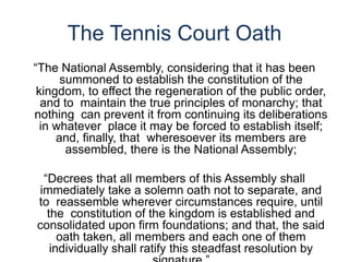 The Tennis Court Oath
“The National Assembly, considering that it has been
summoned to establish the constitution of the
kingdom, to effect the regeneration of the public order,
and to maintain the true principles of monarchy; that
nothing can prevent it from continuing its deliberations
in whatever place it may be forced to establish itself;
and, finally, that wheresoever its members are
assembled, there is the National Assembly;
“Decrees that all members of this Assembly shall
immediately take a solemn oath not to separate, and
to reassemble wherever circumstances require, until
the constitution of the kingdom is established and
consolidated upon firm foundations; and that, the said
oath taken, all members and each one of them
individually shall ratify this steadfast resolution by
 