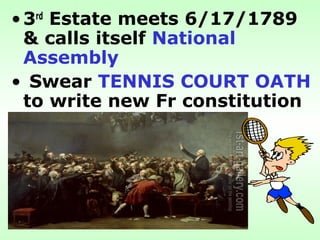 •3rd
Estate meets 6/17/1789
& calls itself National
Assembly
• Swear TENNIS COURT OATH
to write new Fr constitution
 