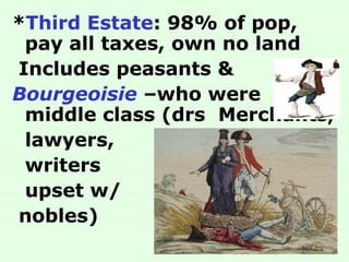 *Third Estate: 98% of pop,
pay all taxes, own no land
Includes peasants &
Bourgeoisie –who were
middle class (drs Merchants,
lawyers,
writers
upset w/
nobles)
 