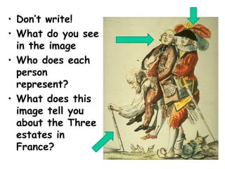 • Don’t write!
• What do you see
in the image
• Who does each
person
represent?
• What does this
image tell you
about the Three
estates in
France?
 