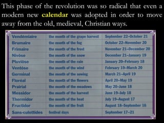 This phase of the revolution was so radical that even a
modern new calendar was adopted in order to move
away from the old, medieval, Christian ways.
 