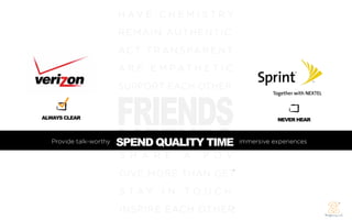 H AV E C H E M I S T R Y
                         REM AIN AUT HENTIC
                         A C T T R A N S PA R E N T
                         A R E E M PAT H E T I C




                         FRIENDS
                         SUPPORT EACH OTHER


ALWAYS CLEAR                                                     NEVER HEAR


                         SPEND QUALITY TIME
   Provide talk-worthy   SPEND QUALITY TIME           immersive experiences

                         S H A R E     A    P O V
                         GIVE MORE THAN GET
                         S TAY I N TO U C H
                         INSPIRE EACH OTHER
 