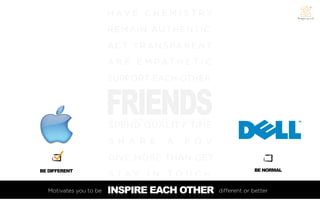 H AV E C H E M I S T R Y
                        REM AIN AUT HENTIC
                        A C T T R A N S PA R E N T
                        A R E E M PAT H E T I C
                        SUPPORT EACH OTHER


                        FRIENDS
                        SPEND QUALITY TIME
                        S H A R E     A    P O V
                        GIVE MORE THAN GET
BE DIFFERENT                                                      BE NORMAL
                        S TAY I N TO U C H
  Motivates you to be   INSPIRE EACH OTHER
                        INSPIRE EACH OTHER           di erent or better
 