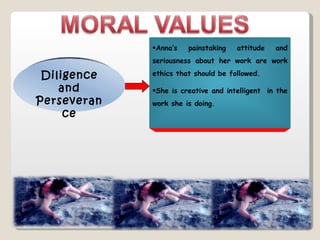 Diligence and Perseverance Anna’s painstaking attitude and seriousness about her work are work ethics that should be followed. She is creative and intelligent  in the work she is doing. 