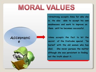 Armstrong accepts Anna for who she is. He also  able to accept his own weaknesses and work to improve on  them  until he becomes successful. Anna accepts the fact to let the secret  of the fruitcake special  “lie buried” with the old woman who has died.  She never pursues the matter although she was persistent in finding  out the truth about it. Acceptance  