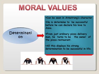 Determination Can be seen in Armstrong’s character He is determine to  be successful  before he can declare his love to Anna. From just ordinary pizza delivery man, he  turns to be  the owner  of the pizza restaurant.  All this displays his strong determination to be successful in life . 