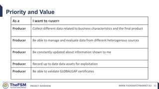 PROJECT OVERVIEW WWW.FOODSAFETYMARKET.EU 11
Priority and Value
As a I want to <user>
Producer Collect different data related to business characteristics and the final product
Producer Be able to manage and evaluate data from different heterogenous sources
Producer Be constantly updated about information shown to me
Producer Record up to date data assets for exploitation
Producer Be able to validate GLOBALGAP certificates
 