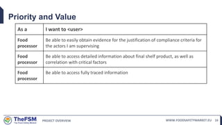 PROJECT OVERVIEW WWW.FOODSAFETYMARKET.EU 16
Priority and Value
As a I want to <user>
Food
processor
Be able to easily obtain evidence for the justification of compliance criteria for
the actors I am supervising
Food
processor
Be able to access detailed information about final shelf product, as well as
correlation with critical factors
Food
processor
Be able to access fully traced information
 