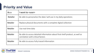 PROJECT OVERVIEW WWW.FOODSAFETYMARKET.EU 17
Priority and Value
As a I want to <user>
Retailer Be able to personalize the data I will use in my daily operations
Retailer Replace physical documents with a complete digital collection
Retailer Use real-time data
Retailer Be able to access detailed information about final shelf product, as well as
correlation with critical factors
Retailer Be able to access fully traced information
 