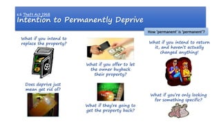 s.6 Theft Act 1968
Intention to Permanently Deprive
How ‘permanent’ is ‘permanent’?
Does deprive just
mean get rid of?
What if you intend to
replace the property?
What if you offer to let
the owner buyback
their property?
What if they’re going to
get the property back?
What if you intend to return
it, and haven’t actually
changed anything!
What if you’re only looking
for something specific?
 