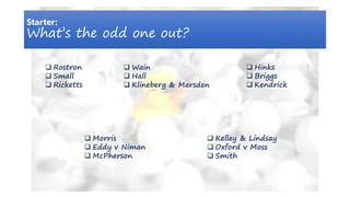 Starter:
What’s the odd one out?
 Rostron
 Small
 Ricketts
 Wain
 Hall
 Klineberg & Marsden
 Hinks
 Briggs
 Kendrick
 Morris
 Eddy v Niman
 McPherson
 Kelley & Lindsay
 Oxford v Moss
 Smith
 