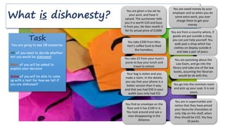 What is dishonesty?
Task
You are going to see 10 scenarios.
All of you need to decide whether
not you would be dishonest
Most of you will be asked to
explain your decision
Some of you will be able to come
up with a test for how we tell if
you are dishonest!
You find an envelope on the
floor and it has £100 in it.
You look around and see a
man disappearing in the
distance.
You are owed money by your
employer and so when you do
some extra work, you over
charge them to get your
money.
You are from a country where, if
goods are put outside a shop,
you can just help yourself. You
walk past a shop which has
clothes on display outside it
and take a pair of jeans.
You are given a tea set by
your aunt, and have it
valued. The auctioneer tells
you it is worth £10 and buys
it from you. He then resells it
for its actual price of £1000
You go into the common room
and pick up your coat. It is not
yours.
You take £200 from Miss
Hart’s coffee fund to feed
the homeless.
You are panicking about the
Law Exam, and go into the
library and take one of the law
books, assuming the librarian
would be ok with this.
You take £5 from your mum’s
purse to buy your lunch and
travel to school.
Your bag is stolen and you
make a claim. In the details,
you say that your phone is a
better version than it was,
and that you had £50 in your
wallet (you only had £5)
You are in supermarket and
notice that they have priced
your favourite chocolates at
only 10p on the shelf, when
they should be £10. You buy
10 packs.
 