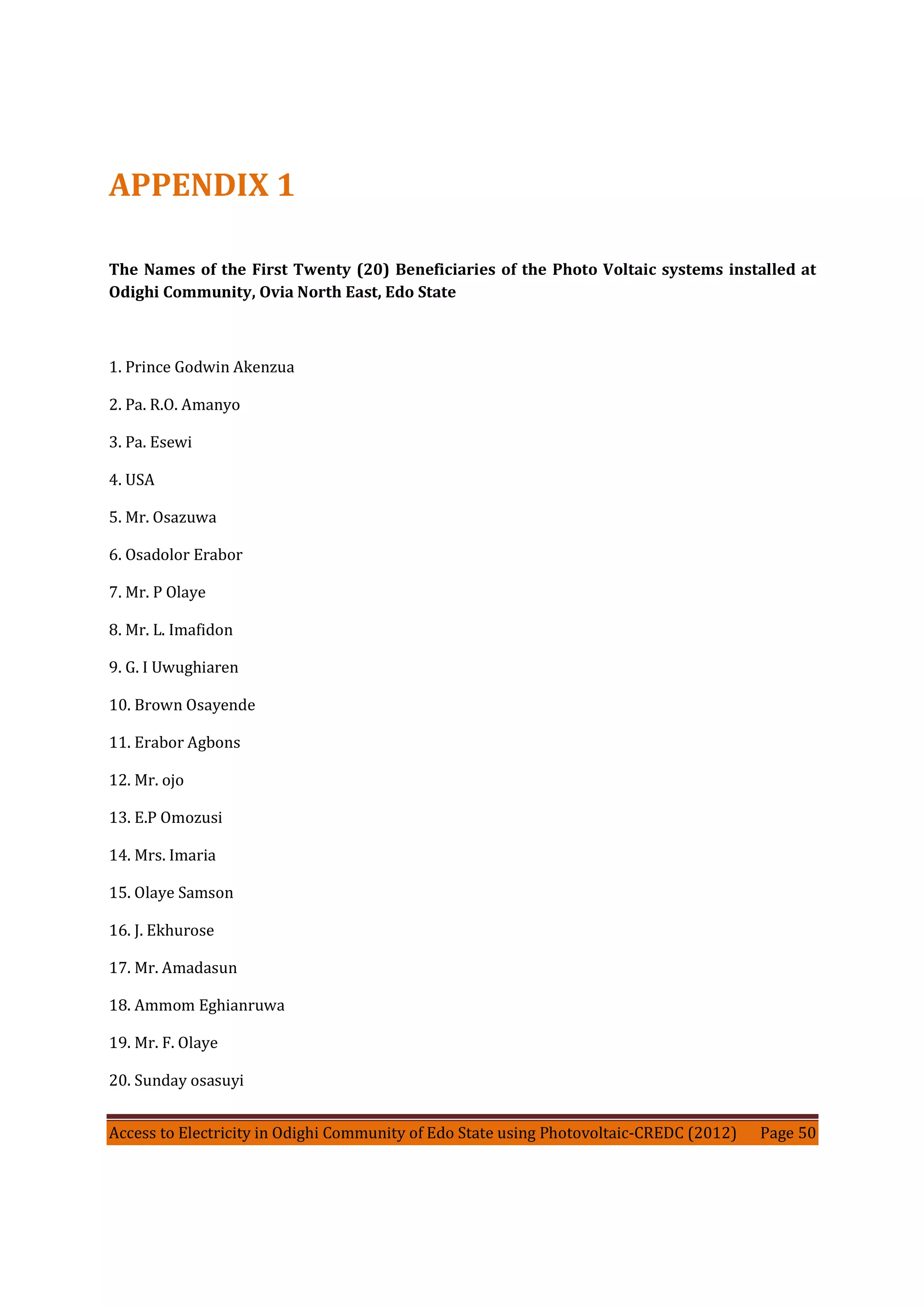 Access to Electricity in Odighi Community of Edo State using Photovoltaic-CREDC (2012) Page 50
APPENDIX 1
The Names of the First Twenty (20) Beneficiaries of the Photo Voltaic systems installed at
Odighi Community, Ovia North East, Edo State
1. Prince Godwin Akenzua
2. Pa. R.O. Amanyo
3. Pa. Esewi
4. USA
5. Mr. Osazuwa
6. Osadolor Erabor
7. Mr. P Olaye
8. Mr. L. Imafidon
9. G. I Uwughiaren
10. Brown Osayende
11. Erabor Agbons
12. Mr. ojo
13. E.P Omozusi
14. Mrs. Imaria
15. Olaye Samson
16. J. Ekhurose
17. Mr. Amadasun
18. Ammom Eghianruwa
19. Mr. F. Olaye
20. Sunday osasuyi
 