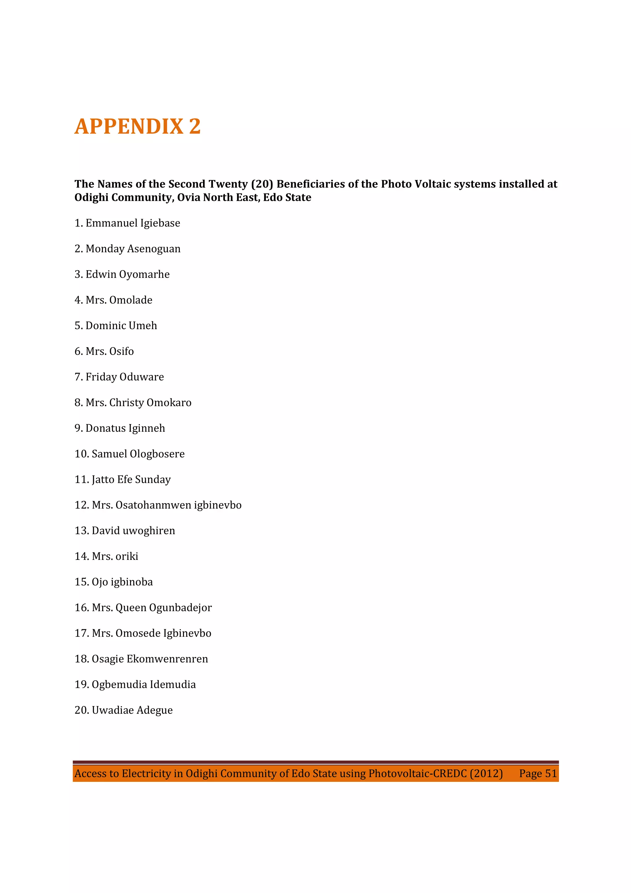Access to Electricity in Odighi Community of Edo State using Photovoltaic-CREDC (2012) Page 51
APPENDIX 2
The Names of the Second Twenty (20) Beneficiaries of the Photo Voltaic systems installed at
Odighi Community, Ovia North East, Edo State
1. Emmanuel Igiebase
2. Monday Asenoguan
3. Edwin Oyomarhe
4. Mrs. Omolade
5. Dominic Umeh
6. Mrs. Osifo
7. Friday Oduware
8. Mrs. Christy Omokaro
9. Donatus Iginneh
10. Samuel Ologbosere
11. Jatto Efe Sunday
12. Mrs. Osatohanmwen igbinevbo
13. David uwoghiren
14. Mrs. oriki
15. Ojo igbinoba
16. Mrs. Queen Ogunbadejor
17. Mrs. Omosede Igbinevbo
18. Osagie Ekomwenrenren
19. Ogbemudia Idemudia
20. Uwadiae Adegue
 