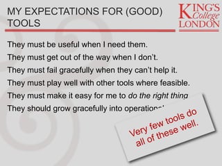 MY EXPECTATIONS FOR (GOOD)
TOOLS
They must be useful when I need them.
They must get out of the way when I don’t.
They must fail gracefully when they can’t help it.
They must play well with other tools where feasible.
They must make it easy for me to do the right thing.
They should grow gracefully into operational systems.
 