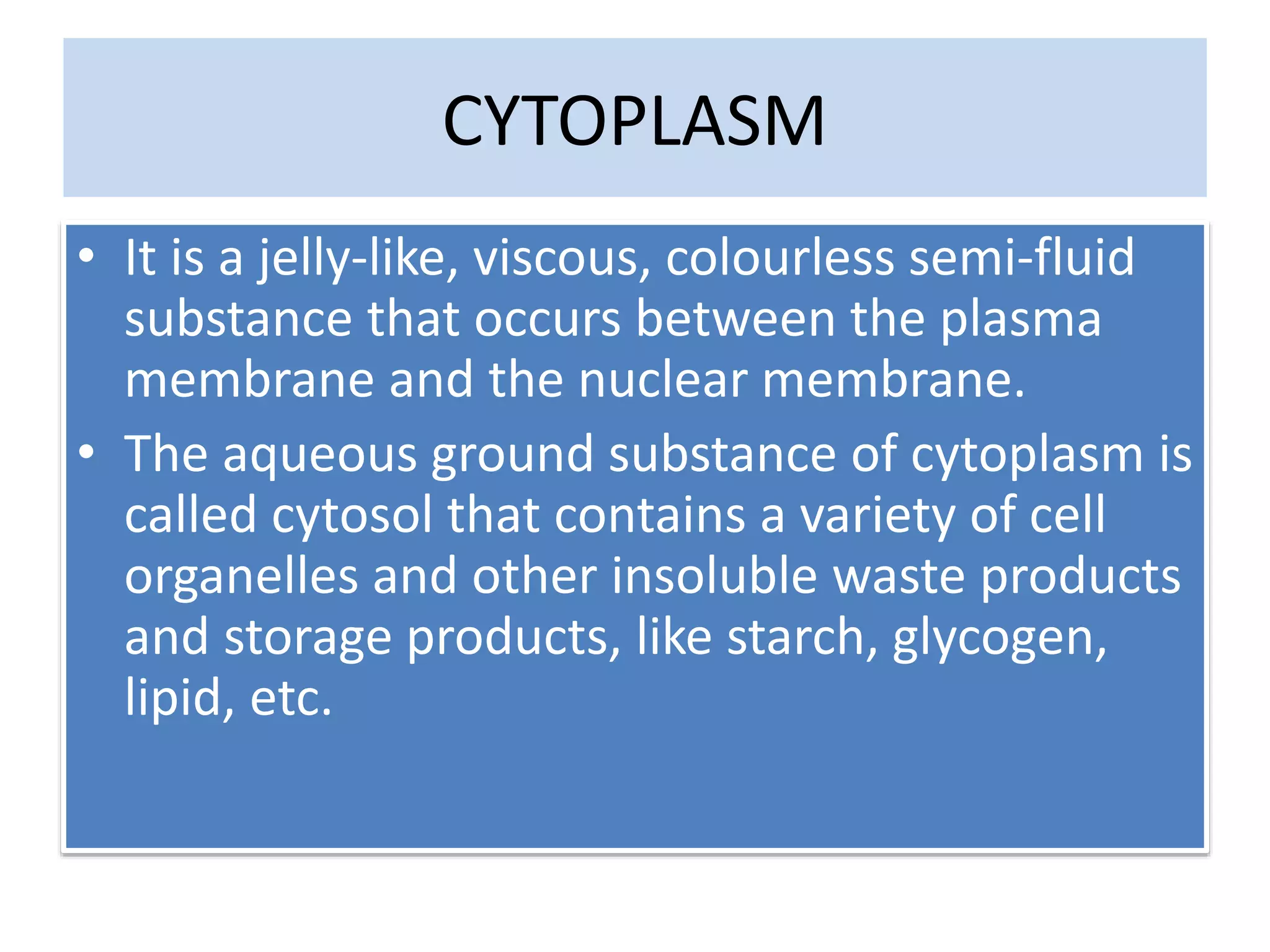 CYTOPLASM
• It is a jelly-like, viscous, colourless semi-fluid
substance that occurs between the plasma
membrane and the nuclear membrane.
• The aqueous ground substance of cytoplasm is
called cytosol that contains a variety of cell
organelles and other insoluble waste products
and storage products, like starch, glycogen,
lipid, etc.
 