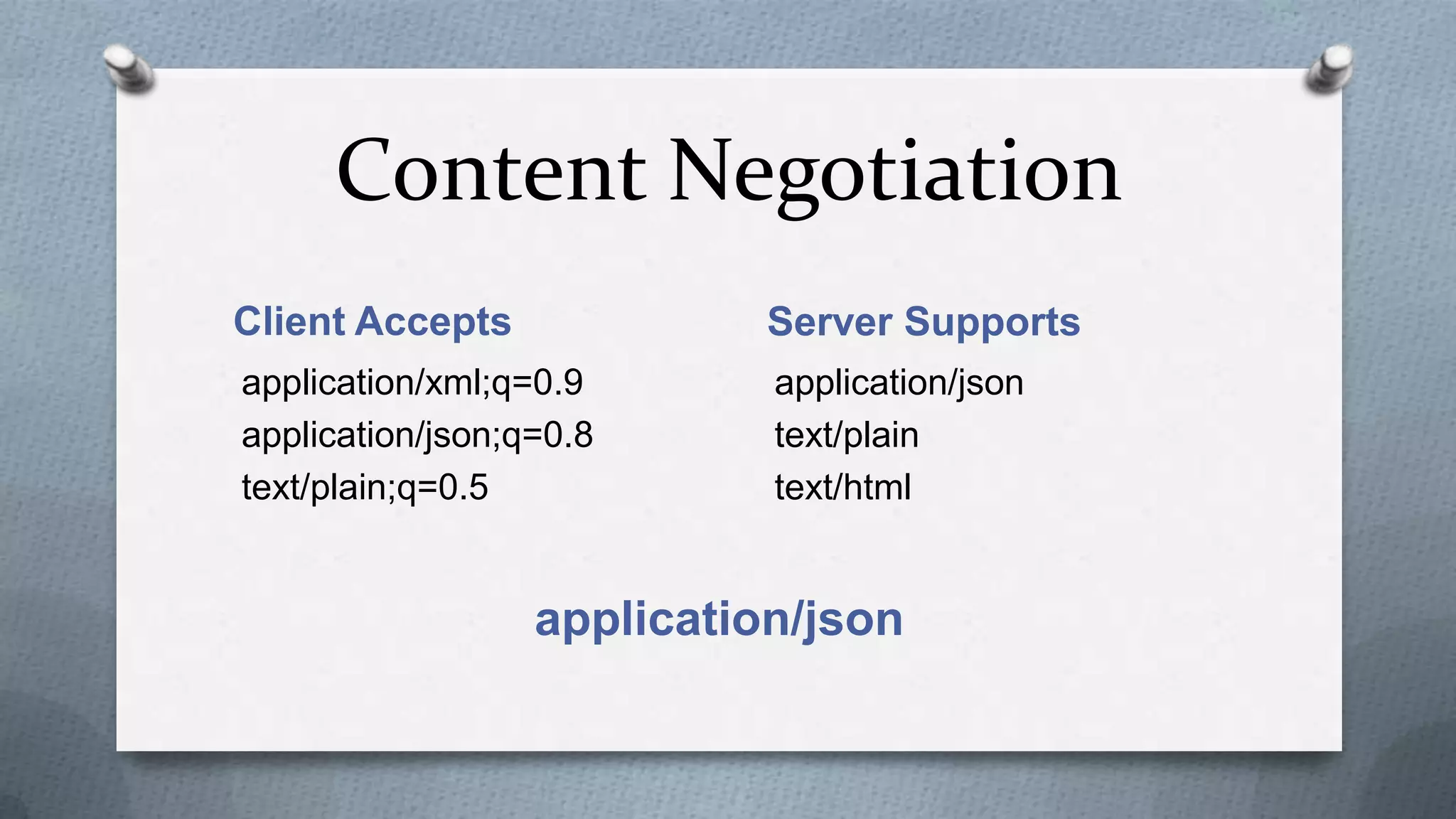 Content Negotiation
Client Accepts              Server Supports
application/xml;q=0.9       application/json
application/json;q=0.8      text/plain
text/plain;q=0.5            text/html


                  application/json
 