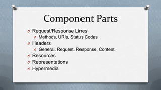 Component Parts
O Request/Response Lines
  O Methods, URIs, Status Codes
O Headers
  O General, Request, Response, Content
O Resources
O Representations
O Hypermedia
 