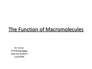 The Function of Macromolecules Mr. Hunter AP.IB Biology  Notes Hyde Park Academy 12/25/2009 