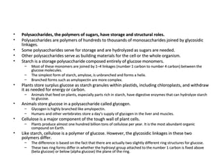 Polysaccharides, the polymers of sugars, have storage and structural roles. Polysaccharides are polymers of hundreds to thousands of monosaccharides joined by glycosidic linkages.  Some polysaccharides serve for storage and are hydrolyzed as sugars are needed.  Other polysaccharides serve as building materials for the cell or the whole organism.  Starch is a storage polysaccharide composed entirely of glucose monomers.  Most of these monomers are joined by 1–4 linkages (number 1 carbon to number 4 carbon) between the glucose molecules.  The simplest form of starch, amylose, is unbranched and forms a helix.  Branched forms such as amylopectin are more complex.  Plants store surplus glucose as starch granules within plastids, including chloroplasts, and withdraw it as needed for energy or carbon.  Animals that feed on plants, especially parts rich in starch, have digestive enzymes that can hydrolyze starch to glucose.  Animals store glucose in a polysaccharide called glycogen.  Glycogen is highly branched like amylopectin.  Humans and other vertebrates store a day’s supply of glycogen in the liver and muscles.  Cellulose is a major component of the tough wall of plant cells.  Plants produce almost one hundred billion tons of cellulose per year. It is the most abundant organic compound on Earth.  Like starch, cellulose is a polymer of glucose. However, the glycosidic linkages in these two polymers differ.  The difference is based on the fact that there are actually two slightly different ring structures for glucose.  These two ring forms differ in whether the hydroxyl group attached to the number 1 carbon is fixed above (beta glucose) or below (alpha glucose) the plane of the ring.  