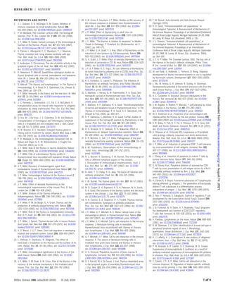 REFERENCES AND NOTES
1. J. L. Gowans, D. D. McGregor, D. M. Cowen, Initiation of
immune responses by small lymphocytes. Nature 196,
651–655 (1962). doi: 10.1038/196651a0; pmid: 13949634
2. P. B. Medawar, The Croonian Lecture 1958. The homograft
reaction. Proc. R. Soc. London Ser. B 149, 145–166 (1958).
doi: 10.1098/rspb.1958.0058
3. J. F. Miller, D. Osoba, Current concepts of the immunological
function of the thymus. Physiol. Rev. 47, 437–520 (1967).
doi: 10.1152/physrev.1967.47.3.437; pmid: 4864541
4. S. Palmer, L. Albergante, C. C. Blackburn, T. J. Newman,
Thymic involution and rising disease incidence with age.
Proc. Natl. Acad. Sci. U.S.A. 115, 1883–1888 (2018).
doi: 10.1073/pnas.1714478115; pmid: 29432166
5. E. Andreasen, S. Christensen, The rate of mitotic activity in the
lymphoid organs of the rat. Anat. Rec. 103, 401–412 (1949).
doi: 10.1002/ar.1091030307; pmid: 18144438
6. K. Nakamura, D. Metcalf, Quantitative cytological studies on
thymic lymphoid cells in normal, preleukaemic and leukaemic
mice. Br. J. Cancer 15, 306–315 (1961). doi: 10.1038/
bjc.1961.38; pmid: 13727612
7. D. Metcalf, “The thymus and lymphopoiesis,” in The Thymus in
Immunobiology, R. A. Good, A. E. Gabrielsen, Eds. (Harper &
Row, 1964); pp. 150–179.
8. J. F. Miller, Immunity in the foetus and the new-born. Br. Med.
Bull. 22, 21–26 (1966). doi: 10.1093/oxfordjournals.bmb.
a070431; pmid: 5321810
9. J. C. Kennedy, L. Siminovitch, J. E. Till, E. A. McCulloch, A
transplantation assay for mouse cells responsive to antigenic
stimulation by sheep erythrocytes. Proc. Soc. Exp. Biol. Med.
120, 868–873 (1965). doi: 10.3181/00379727-120-30678;
pmid: 5858721
10. O. Vos, M. J. De Vries, J. C. Collenteur, D. W. Van Bekkum,
Transplantation of homologous and heterologous lymphoid
cells in x-irradiated and non-irradiated mice. J. Natl. Cancer
Inst. 23, 53–73 (1959). pmid: 13673270
11. H. W. Brayton, A. C. Heublein, Enlarged thymus gland in
infancy and its treatment by radium. Boston Med. Surg. J. 181,
740–743 (1919). doi: 10.1056/NEJM191912251812604
12. P. B. Medawar, in The Immunologically Competent Cell: Its
Nature and Origin, G. E. W. Wolstenholme, J. Knight, Eds.
(Churchill, 1963); pp. 6–16.
13. J. F. Miller, Role of the thymus in murine leukaemia. Nature
183, 1069 (1959). doi: 10.1038/1831069a0; pmid: 13644292
14. J. F. Miller, Fate of subcutaneous thymus grafts in
thymectomized mice inoculated with leukaemic filtrate. Nature
184 (Suppl 23), 1809–1810 (1959). doi: 10.1038/1841809a0;
pmid: 14422530
15. J. F. Miller, Recovery of leukaemogenic agent from
nonleukaemic tissues of thymectomized mice. Nature 187, 703
(1960). doi: 10.1038/187703a0; pmid: 14422531
16. J. F. Miller, Immunological function of the thymus. Lancet 2,
748–749 (1961). doi: 10.1016/S0140-6736(61)90693-6;
pmid: 14474038
17. J. F. Miller, Effect of neonatal thymectomy on the
immunological responsiveness of the mouse. Proc. R. Soc.
London Ser. B 156, 415–428 (1962).
18. J. F. Miller, Analysis of the thymus influence in
leukaemogenesis. Nature 191, 248–249 (1961). doi: 10.1038/
191248a0; pmid: 13770811
19. J. F. Miller, P. M. De Burgh, G. A. Grant, Thymus and the
production of antibody-plaque-forming cells. Nature 208,
1332–1334 (1965). doi: 10.1038/2081332a0; pmid: 5870196
20. J. F. Miller, Role of the thymus in transplantation immunity.
Ann. N. Y. Acad. Sci. 99, 340–354 (1962). doi: 10.1111/j.1749-
6632.1962.tb45319.x
21. J. F. Miller, J. Sprent, Thymus-derived cells in mouse thoracic
duct lymph. Nat. New Biol. 230, 267–270 (1971). doi: 10.1038/
newbio230267a0; pmid: 5280665
22. A. S. Moore, J. J. T. Owen, Stem cell migration in developing
myeloid and lymphoid system. Lancet 290, 658–659 (1967).
doi: 10.1016/S0140-6736(67)90693-9
23. L. Hofman, V. Stankovic, N. Allegretti, The effect of
total-body x-irradiation on the thymus and the number of its
cells. Radiat. Res. 15, 30–38 (1961). doi: 10.2307/3571064;
pmid: 13715086
24. J. F. Miller, Immunological significance of the thymus of the
adult mouse. Nature 195, 1318–1319 (1962). doi: 10.1038/
1951318a0
25. J. F. Miller, S. M. Doak, A. M. Cross, Role of the thymus in the
recovery of the immune mechanism in the irradiated adult
mouse. Proc. Soc. Exp. Biol. Med. 112, 785–792 (1963).
doi: 10.3181/00379727-112-28170
26. A. M. Cross, E. Leuchars, J. F. Miller, Studies on the recovery of
the immune response in irradiated mice thymectomized in
adult life. J. Exp. Med. 119, 837–850 (1964). doi: 10.1084/
jem.119.5.837; pmid: 14157033
27. J. F. Miller, Effect of thymectomy in adult mice on
immunological responsiveness. Nature 208, 1337–1338 (1965).
doi: 10.1038/2081337a0; pmid: 5870199
28. J. F. Miller, “The thymus in relation to neoplasia,” in Modern
Trends in Pathology, T. Crawford, Ed. (Butterworths, ed. 2,
(1967), pp. 140–175.
29. J. F. Miller, G. A. Grant, F. J. Roe, Effect of thymectomy on the
induction of skin tumours by 3,4-benzopyrene. Nature 199,
920–922 (1963). doi: 10.1038/199920a0; pmid: 14079914
30. G. A. Grant, J. F. Miller, Effect of neonatal thymectomy on the
induction of sarcomata in C57 BL mice. Nature 205, 1124–1125
(1965). doi: 10.1038/2051124a0; pmid: 5833220
31. J. F. A. P. Miller, R. C. Ting, L. W. Law, Influence of thymectomy
on tumor induction by polyoma virus in C57BL mice. Proc. Soc.
Exp. Biol. Med. 116, 323–327 (1964). doi: 10.3181/00379727-
116-29237; pmid: 14189129
32. K. E. Fichtelius, G. Laurell, L. Philipsson, The influence of
thymectomy on antibody formation. Acta Pathol. Microbiol.
Scand. 51, 81–86 (1961). doi: 10.1111/j.1699-0463.1961.
tb00346.x; pmid: 13699308
33. C. Martinez, J. Kersey, B. W. Papermaster, R. A. Good, Skin
homograft survival in thymectomized mice. Proc. Soc. Exp.
Biol. Med. 109, 193–196 (1962). doi: 10.3181/00379727-109-
27149; pmid: 14470489
34. C. Martinez, A. P. Dalmasso, R. A. Good, “Homotransplantation
of normal and neoplastic tissue in thymectomized mice,” in The
Thymus in Immunobiology, R. A. Good, A. E. Gabrielsen, Eds.
(Harper & Row, 1964), pp. 465–477.
35. A. P. Dalmasso, C. Martinez, R. A. Good, Further studies of
suppression of the homograft reaction by thymectomy in the
mouse. Proc. Soc. Exp. Biol. Med. 111, 143–146 (1962).
doi: 10.3181/00379727-111-27729; pmid: 14024761
36. B. G. Arnason, B. D. Jankovic, B. H. Waksman, Effect of
thymectomy on ‘delayed’ hypersensitive reactions. Nature 194,
99–100 (1962). doi: 10.1038/194099a0; pmid: 13862387
37. K. R. McIntire, S. Sell, J. F. Miller, Pathogenesis of the post-
neonatal thymectomy wasting syndrome. Nature 204, 151–155
(1964). doi: 10.1038/204151a0; pmid: 14222260
38. E. M. Pantelouris, Observations on the immunobiology of
‘nude’ mice. Immunology 20, 247–252 (1971).
pmid: 4100989
39. N. L. Warner, A. Szenberg, F. M. Burnet, The immunological
role of different lymphoid organs in the chicken.
I. Dissociation of immunological responsiveness. Aust. J.
Exp. Biol. Med. Sci. 40, 373–387 (1962). doi: 10.1038/
icb.1962.42; pmid: 13998953
40. B. Glick, T. S. Chang, R. G. Jaap, The bursa of Fabricius and
antibody production. Poult. Sci. 35, 224–225 (1956).
doi: 10.3382/ps.0350224
41. F. M. Burnet, The thymus gland. Sci. Am. 207, 50–57 (1962).
doi: 10.1038/scientificamerican1162-50
42. M. D. Cooper, D. A. Raymond, R. D. A. Peterson, M. A. South,
R. A. Good, The functions of the thymus system and the bursa
system in the chicken. J. Exp. Med. 123, 75–102 (1966).
doi: 10.1084/jem.123.1.75; pmid: 5323079
43. H. N. Claman, E. A. Chaperon, R. F. Triplett, Thymus-marrow
cell combinations. Synergism in antibody production.
Proc. Soc. Exp. Biol. Med. 122, 1167–1171 (1966). doi: 10.3181/
00379727-122-31353; pmid: 5918139
44. J. F. Miller, G. F. Mitchell, N. S. Weiss, Cellular basis of the
immunological defects in thymectomized mice. Nature 214,
992–997 (1967). doi: 10.1038/214992a0; pmid: 6055415
45. J. F. Miller, G. F. Mitchell, Cell to cell interaction in the immune
response. I. Hemolysin-forming cells in neonatally
thymectomized mice reconstituted with thymus or thoracic
duct lymphocytes. J. Exp. Med. 128, 801–820 (1968).
doi: 10.1084/jem.128.4.801; pmid: 5691985
46. G. F. Mitchell, J. F. Miller, Cell to cell interaction in the immune
response. II. The source of hemolysin-forming cells in
irradiated mice given bone marrow and thymus or thoracic
duct lymphocytes. J. Exp. Med. 128, 821–837 (1968).
doi: 10.1084/jem.128.4.821; pmid: 5691986
47. D. G. Osmond, Population dynamics of bone marrow B
lymphocytes. Immunol. Rev. 93, 103–124 (1986). doi: 10.1111/
j.1600-065X.1986.tb01504.x; pmid: 3491034
48. D. V. Parrott, M. A. De Sousa, J. East, Thymus-dependent areas
in the lymphoid organs of neonatally thymectomized mice.
J. Exp. Med. 123, 191–204 (1966). doi: 10.1084/jem.123.1.191;
pmid: 5902569
49. F. M. Burnet, Auto-Immunity and Auto-Immune Disease
(Springer, 1972).
50. R. A. Good, “Immunocompetent cell populations,” in
Immunological Tolerance: A Reassessment of Mechanisms of
the Immune Response: Proceedings of an International Conference
Held at Brook Lodge, Augusta, Michigan September 18–20, 1968,
M. Landy, W. Braun, Eds. (Academic, 1969), p. 136.
51. J. L. Gowans, “Immunocompetent cell populations,” in
Immunological Tolerance: A Reassessment of Mechanisms of
the Immune Response: Proceedings of an International
Conference Held at Brook Lodge, Augusta, Michigan September
18–20, 1968, M. Landy, W. Braun, Eds. (Academic, 1969),
pp. 164–169.
52. J. F. A. P. Miller, The Croonian Lecture, 1992. The key role of
the thymus in the body’s defence strategies. Philos. Trans.
R. Soc. London B Biol. Sci. 337, 105–124 (1992). doi: 10.1098/
rstb.1992.0087; pmid: 1355916
53. W. van Ewijk, G. Holländer, C. Terhorst, B. Wang, Stepwise
development of thymic microenvironments in vivo is regulated
by thymocyte subsets. Development 127, 1583–1591 (2000).
pmid: 10725235
54. L. Wu, M. Antica, G. R. Johnson, R. Scollay, K. Shortman,
Developmental potential of the earliest precursor cells from the
adult mouse thymus. J. Exp. Med. 174, 1617–1627 (1991).
doi: 10.1084/jem.174.6.1617; pmid: 1683894
55. A. C. Carpenter, R. Bosselut, Decision checkpoints in the
thymus. Nat. Immunol. 11, 666–673 (2010). doi: 10.1038/
ni.1887; pmid: 20644572
56. J. W. Kappler, N. Roehm, P. Marrack, T cell tolerance by clonal
elimination in the thymus. Cell 49, 273–280 (1987).
doi: 10.1016/0092-8674(87)90568-X; pmid: 3494522
57. M. S. Anderson et al., Projection of an immunological self
shadow within the thymus by the aire protein. Science 298,
1395–1401 (2002). doi: 10.1126/science.1075958; pmid: 12376594
58. S. R. Daley, C. Teh, D. Y. Hu, A. Strasser, D. H. D. Gray, Cell
death and thymic tolerance. Immunol. Rev. 277, 9–20 (2017).
doi: 10.1111/imr.12532; pmid: 28462532
59. A. Strasser et al., Enforced BCL2 expression in B-lymphoid
cells prolongs antibody responses and elicits autoimmune
disease. Proc. Natl. Acad. Sci. U.S.A. 88, 8661–8665 (1991).
doi: 10.1073/pnas.88.19.8661; pmid: 1924327
60. J. F. Miller et al., Induction of peripheral CD8+
T-cell tolerance
by cross-presentation of self antigens. Immunol. Rev. 165,
267–277 (1998). doi: 10.1111/j.1600-065X.1998.tb01244.x;
pmid: 9850866
61. L. Zheng et al., Induction of apoptosis in mature T cells by
tumour necrosis factor. Nature 377, 348–351 (1995).
doi: 10.1038/377348a0; pmid: 7566090
62. G. M. Davey et al., Peripheral deletion of autoreactive CD8
T cells by cross presentation of self-antigen occurs by a Bcl-2-
inhibitable pathway mediated by Bim. J. Exp. Med. 196,
947–955 (2002). doi: 10.1084/jem.20020827;
pmid: 12370256
63. H. Cantor, E. A. Boyse, Functional subclasses of T-lymphocytes
bearing different Ly antigens. I. The generation of functionally
distinct T-cell subclasses is a differentiative process
independent of antigen. J. Exp. Med. 141, 1376–1389 (1975).
doi: 10.1084/jem.141.6.1376; pmid: 1092798
64. S. Hori, T. Nomura, S. Sakaguchi, Control of regulatory T cell
development by the transcription factor Foxp3. Science 299,
1057–1061 (2003). doi: 10.1126/science.1079490;
pmid: 12522256
65. J. D. Fontenot, M. A. Gavin, A. Y. Rudensky, Foxp3 programs
the development and function of CD4+
CD25+
regulatory
T cells. Nat. Immunol. 4, 330–336 (2003). doi: 10.1038/ni904;
pmid: 12612578
66. V. Paetkau, Lymphokines on the move. Nature 294, 689–690
(1981). doi: 10.1038/294689a0; pmid: 7322199
67. R. M. Steinman, Z. A. Cohn, Identification of a novel cell type in
peripheral lymphoid organs of mice. I. Morphology,
quantitation, tissue distribution. J. Exp. Med. 137, 1142–1162
(1973). doi: 10.1084/jem.137.5.1142; pmid: 4573839
68. K. J. Lafferty, A. J. Cunningham, A new analysis of allogeneic
interactions. Aust. J. Exp. Biol. Med. Sci. 53, 27–42 (1975).
doi: 10.1038/icb.1975.3; pmid: 238498
69. P. W. Kincade, A. R. Lawton, D. E. Bockman, M. D. Cooper,
Suppression of immunoglobulin G synthesis as a result of
antibody-mediated suppression of immunoglobulin M synthesis
in chickens. Proc. Natl. Acad. Sci. U.S.A. 67, 1918–1925 (1970).
doi: 10.1073/pnas.67.4.1918; pmid: 5275387
70. C. Cheers, J. F. A. P. Miller, Cell-to-cell interaction in the
immune response. IX. Regulation of hepten-specific antibody
class by carrier priming. J. Exp. Med. 136, 1661–1665 (1972).
doi: 10.1084/jem.136.6.1661; pmid: 4118416
Miller, Science 369, eaba2429 (2020) 31 July 2020 7 of 8
RESEARCH | REVIEW
on
August
14,
2021
http://science.sciencemag.org/
Downloaded
from
 