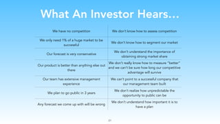 What An Investor Hears…
We have no competition We don’t know how to assess competition
We only need 1% of a huge market to be
successful
We don’t know how to segment our market
Our forecast is very conservative
We don’t understand the importance of
obtaining strong market share
Our product is better than anything else out
there
We don’t really know how to measure “better”
and we can’t be sure how long our competitive
advantage will survive
Our team has extensive management
experience
We can’t point to a successful company that
our management team built
We plan to go public in 3 years
We don’t realize how unpredictable the
opportunity to public can be
Any forecast we come up with will be wrong
We don’t understand how important it is to
have a plan
21
 