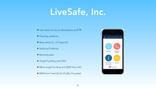 LiveSafe, Inc.
• Use stock to recruit developers and PR
• Develop platform
• Beta client (U. of Virginia?)
• National Publicity
• Business plan
• Angel Funding and CEO
• More angel funding and $5M from IAC
• $5M from Fred Smith (FedEx Founder)
27
 