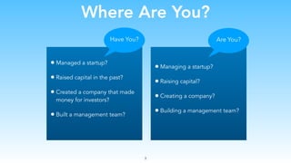 Where Are You?
• Managed a startup?
• Raised capital in the past?
• Created a company that made
money for investors?
• Built a management team?
3
Have You? Are You?
• Managing a startup?
• Raising capital?
• Creating a company?
• Building a management team?
 
